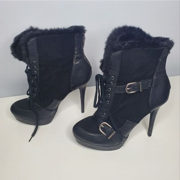 Colin Stuart For Victoria's Secret 9B Booties High Heels Suede Fur Buckle Boots - Picture 2 of 16